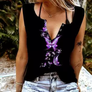 Женские майки, сексуальные летние топы без рукавов с v-образным вырезом, жилет с 3D принтом летающей бабочки, крутые легкие топы XS золотой