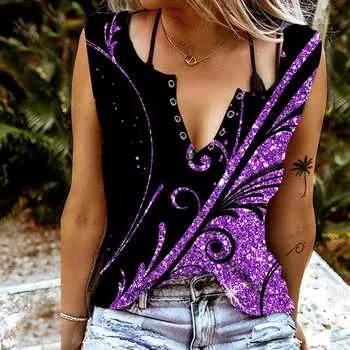 Женские майки, сексуальные летние топы без рукавов с v-образным вырезом, жилет с 3D блестящими листьями и принтом, крутые легкие топы XS красный