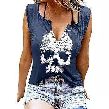 Женские майки, сексуальные летние топы без рукавов с v-образным вырезом, жилет с 3D принтом, топы со скелетом птицы XS синий