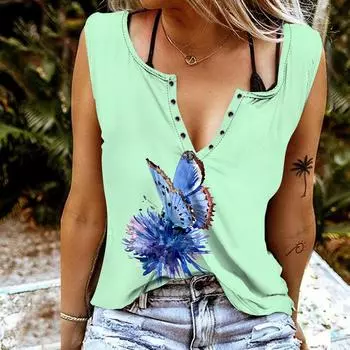 Женские майки, сексуальные летние топы без рукавов с v-образным вырезом, жилет с 3D-бабочкой и цветочным принтом, крутые легкие топы XS зелёный