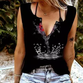 Женские майки, сексуальные летние топы без рукавов с v-образным вырезом, жилет с 3D принтом розы на воде, крутые легкие топы XS красный
