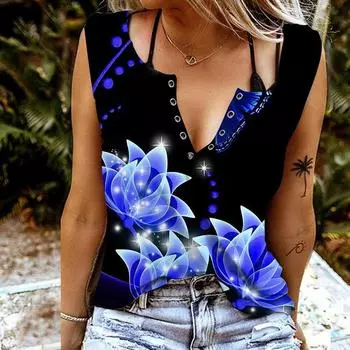 Женские майки, сексуальные летние топы без рукавов с v-образным вырезом, жилет с 3D цветочным принтом, крутые легкие топы XS синий