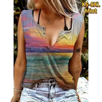 Женские майки, сексуальные летние топы без рукавов с V-образным вырезом, жилет с 3D принтом, разноцветные волнистые топы XS мятный