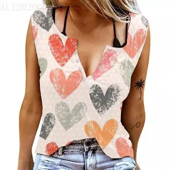 Женские майки, сексуальные летние топы без рукавов с V-образным вырезом, жилет с 3D принтом, топы с красным сердцем XS красный