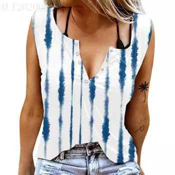 Женские майки, сексуальные летние топы без рукавов с V-образным вырезом, жилет с 3D принтом, синие топы с вертикальными полосками XS синий