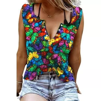 Женские майки, сексуальные летние топы без рукавов с v-образным вырезом, жилет, разноцветные топы с 3D принтом и кристаллами-бабочками XS синий