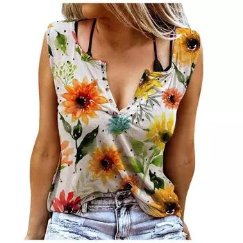 Женские майки, сексуальные летние топы без рукавов с V-образным вырезом, жилет с 3D принтом, топы с оранжевыми цветами XS оранжевый