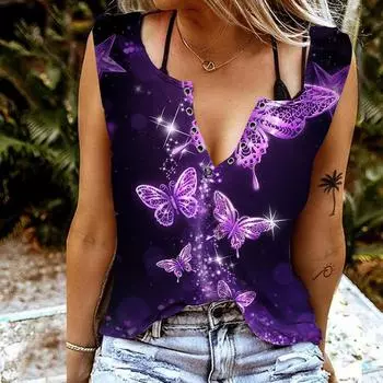 Женские майки, сексуальные летние топы без рукавов с v-образным вырезом, жилет с 3D фиолетовым принтом бабочки, крутые легкие топы XS золотой