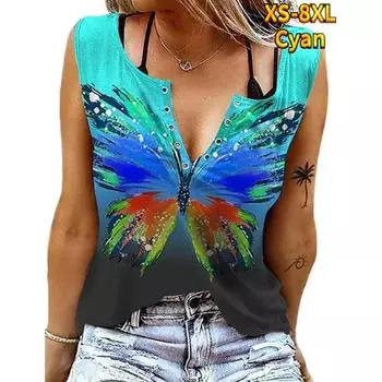 Женские майки, сексуальные летние топы без рукавов с V-образным вырезом, жилет с 3D принтом, зеленые топы с бабочками XS циан
