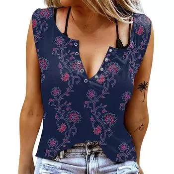 Женские майки, сексуальные летние топы без рукавов с V-образным вырезом, жилет с 3D принтом, синие кривые цветочные топы XS синий