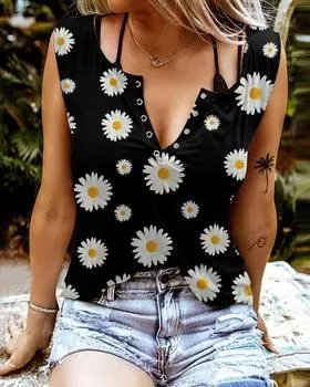 Женские майки, сексуальные летние топы без рукавов с V-образным вырезом, жилет с 3D принтом, белые топы с ромашками XS оранжевый
