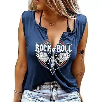 Женские майки, сексуальные летние топы без рукавов с V-образным вырезом, жилет с 3D принтом, топы с гитарным алфавитом XS синий