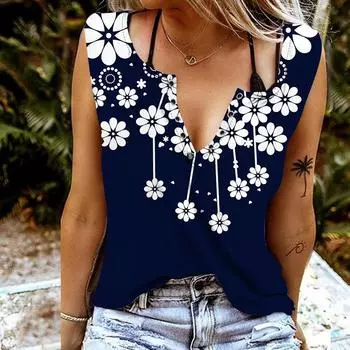 Женские майки, сексуальные летние топы без рукавов с v-образным вырезом, жилет с 3D белыми цветами и принтом, крутые легкие топы XS синий