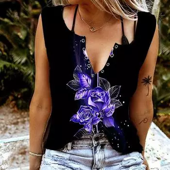 Женские майки, сексуальные летние топы без рукавов с v-образным вырезом, жилет с 3D фиолетовыми цветами и принтом, крутые легкие топы XS синий