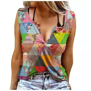 Женские майки, сексуальные летние топы без рукавов с V-образным вырезом, жилет с 3D принтом, топы с цветочным ромбовидным узором XS розовый