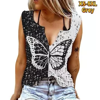 Женские майки, сексуальные летние топы без рукавов с V-образным вырезом, жилет с 3D принтом, черные топы с бабочками XS чёрный