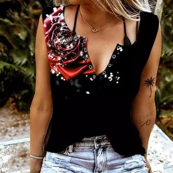 Женские майки, сексуальные летние топы без рукавов с v-образным вырезом, жилет с 3D принтом бриллиантовой розы, крутые легкие топы XS ярко-розовый