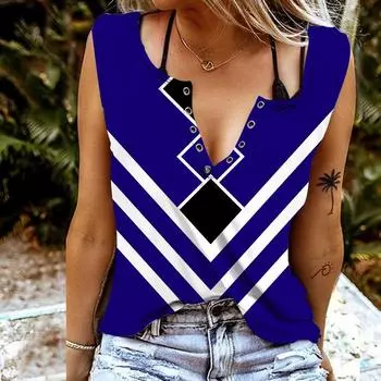 Женские майки, сексуальные летние топы без рукавов с v-образным вырезом, жилет с 3D-принтом, крутые легкие топы 7XL синий