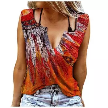 Женские майки, сексуальные летние топы без рукавов с V-образным вырезом, жилет с 3D принтом и красными перьями XS красный