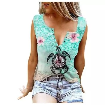 Женские майки, сексуальные летние топы без рукавов с V-образным вырезом, жилет, топы с 3D принтом и цветущей черепахой XS синий