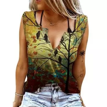 Женские майки, сексуальные летние топы без рукавов с v-образным вырезом, жилет с 3D принтом, топы с пением птиц и ароматных цветов XS зелёный