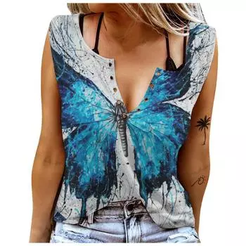 Женские майки, сексуальные летние топы без рукавов с v-образным вырезом, жилет, топы с 3D принтом и кристаллами-бабочками XS синий