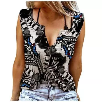 Женские майки, сексуальные летние топы без рукавов с v-образным вырезом, жилет с 3D принтом, черные топы с бабочками с рисунком XS чёрный