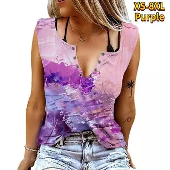 Женские майки, сексуальные летние топы без рукавов с V-образным вырезом, жилет с 3D принтом, фиолетовые топы с принтом тай-дай XS фиолетовый