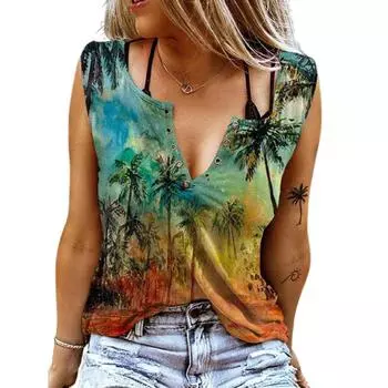 Женские майки, сексуальные летние топы без рукавов с V-образным вырезом, жилет с 3D принтом, оранжевые топы с кокосовой пальмой XS оранжевый