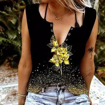 Женские майки, сексуальные летние топы без рукавов с v-образным вырезом, жилет с 3D принтом «Роза в темноте», крутые легкие топы XS синий