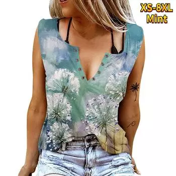 Женские майки, сексуальные летние топы без рукавов с V-образным вырезом, жилет с 3D принтом, зеленые топы с одуванчиками XS зелёный
