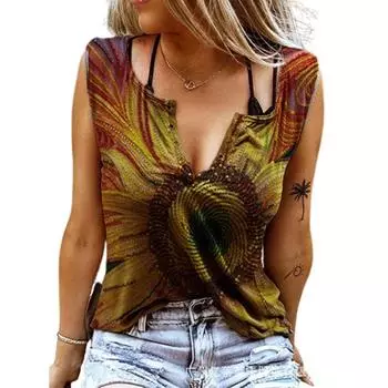 Женские майки, сексуальные летние топы без рукавов с V-образным вырезом, жилет с 3D принтом, желтые блестящие топы с подсолнухом XS жёлтый