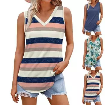 Женские майки свободного кроя, повседневные рубашки с V-образным вырезом, струящиеся летние топы без рукавов L чёрный