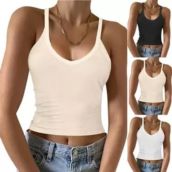 Женские майки-топы для тренировок с V-образным вырезом и спиной для йоги, майки для спортзала, без рукавов, базовые рубашки, летняя одежда S чёрный