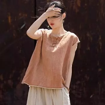 Женские майки-топы Johnature в китайском стиле с круглым вырезом без рукавов, летние женские майки с принтом тай-дай на пуговицах One Size фиолетовый