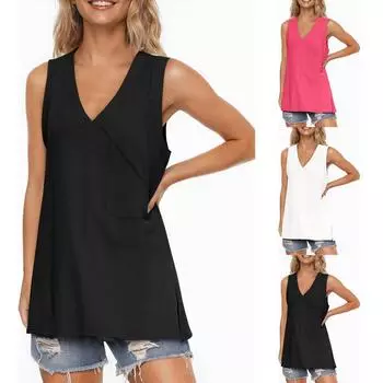 Женские майки-топы летние свободные оверсайз V-образный вырез без рукавов рубашки с боковыми разрезами длинные M чёрный