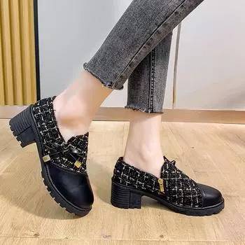 Женские маленькие кожаные туфли на толстом каблуке с круглым носком, модные и универсальные туфли на высоком каблуке из сетчатой ткани в стиле пэчворк 42 бежевый