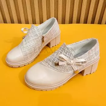 Женские маленькие кожаные туфли на толстом каблуке с круглым носком, модные и универсальные туфли на высоком каблуке из сетчатой ткани в стиле пэчворк 35 чёрный