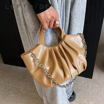 Женские маленькие плиссированные сумки-тоут из искусственной кожи 2024, зимняя серебристая корейская модельерская сумка, женская сумка через плечо 29cmx16cmx10cm бежевый