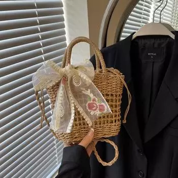 Женские маленькие сумки из ротанга, сумка через плечо, богемная летняя пляжная соломенная сумка с лентой, женская модная сумка-мессенджер на плечо 18x8x15cm