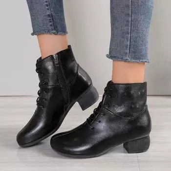 Женские массивные ботинки челси на высоком каблуке, модные прогулочные туфли на среднем каблуке 2024 года, новый тренд зимы, туфли-лодочки на шнуровке, повседневные туфли-лодочки Zapatos Mujer 35 чёрный