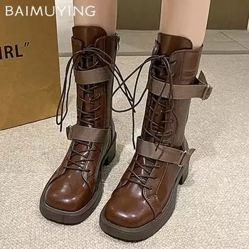 Женские массивные ботинки средней высоты, дизайнерские туфли на шнуровке и среднем каблуке 2025 года, модные туфли-лодочки с пряжкой, готические зимние ботинки для мотоциклистов 35 чёрный