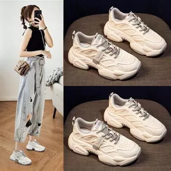 Женские массивные кроссовки из натуральной кожи, обувь на платформе, 2024, сетчатая белая обувь высотой 6 см, женские уличные беговые кроссовки, женские 3 серый
