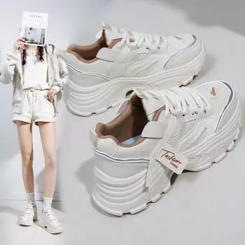 Женские массивные кроссовки на сетчатой платформе, нескользящая дышащая прогулочная спортивная обувь на шнуровке, повседневные удобные кроссовки из искусственной кожи для бега для женщин 35 бежевый