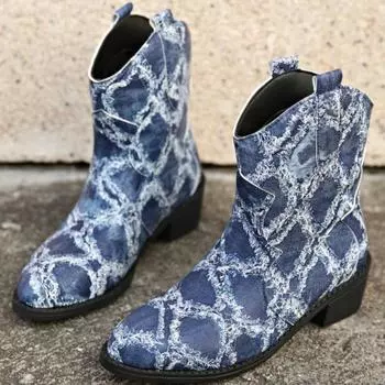 Женские массивные одинарные ботинки, осень, новые, с острым носком, джинсовые рукава, нескользящие, износостойкие, удобные, короткие ботинки 35 джинсовый синий