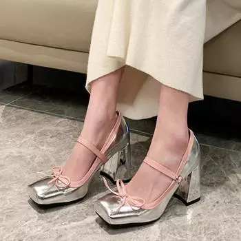 Женские массивные туфли-одиночки, новая осенняя модель с квадратным носком, мелким бантом, однорядной пряжкой, темперамент с туфлями Мэри Джейн 35 чёрный