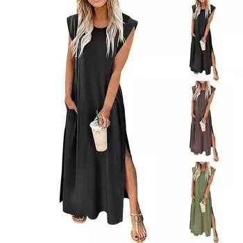 Женские макси-платья, летнее повседневное платье без рукавов, свободное пляжное длинное платье с карманами XXXL чёрный