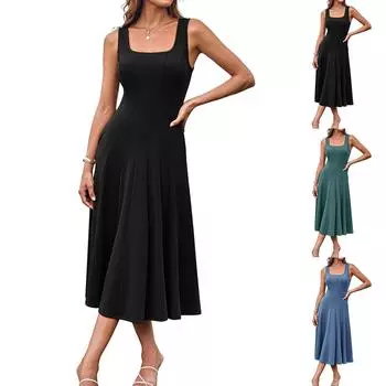 Женские макси-платья, летнее повседневное платье без рукавов, свободное пляжное длинное платье с карманами L армия зеленый