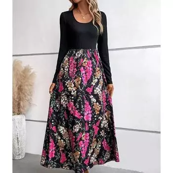 Женские макси-платья с круглым вырезом, повседневное платье трапециевидной формы с длинным рукавом и цветочным принтом S