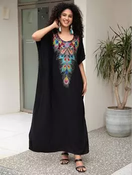 Женские макси-платья с вышивкой в виде павлиньих перьев, накидки для купальников, летние кафтаны, купальные костюмы, распродажа One Size чёрный